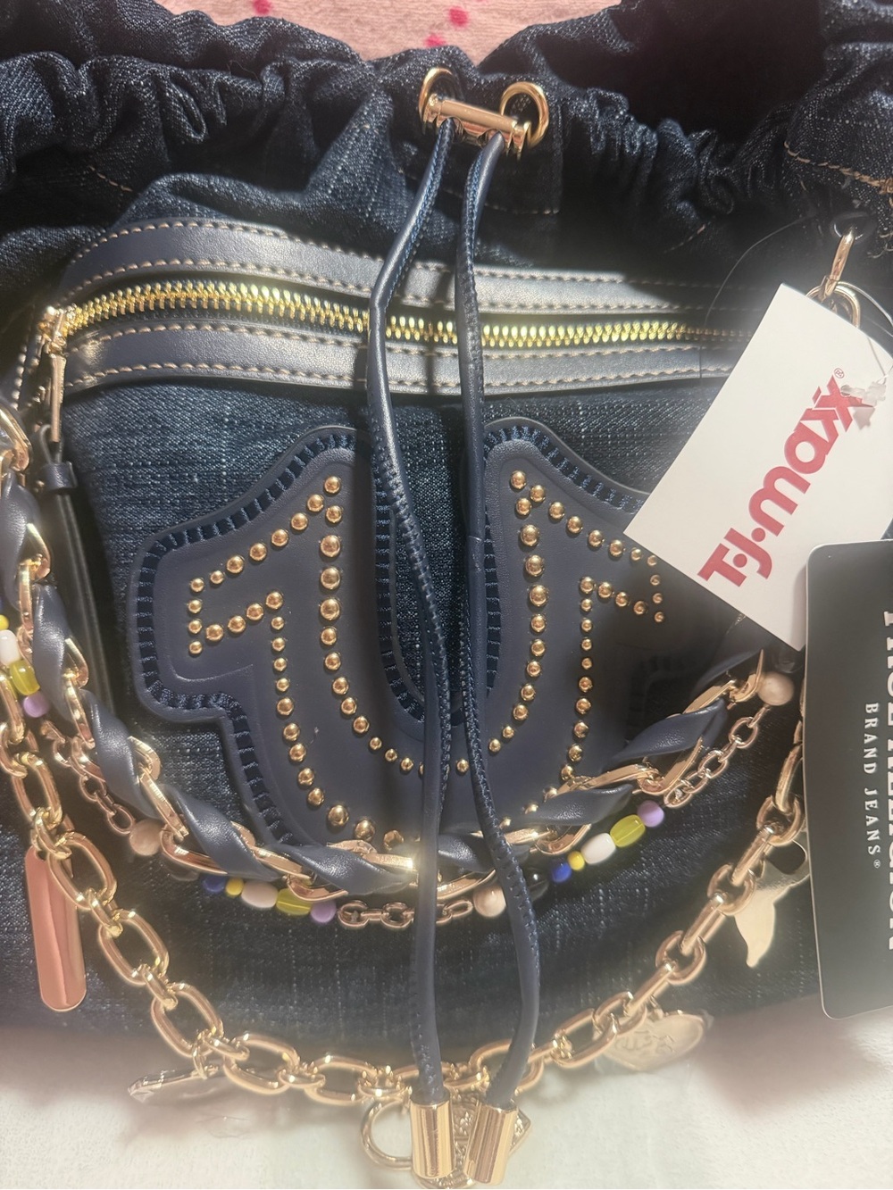 True Religion Dark Navy Denim Drawstring Shoulder Bag with Gold Chain - Picture 2 of 8